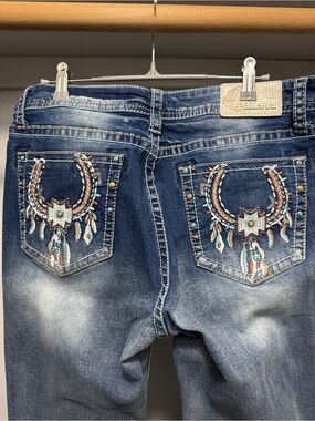 Grace in LA Blue Bootcut Jeans with Turquoise & Brown embroidery